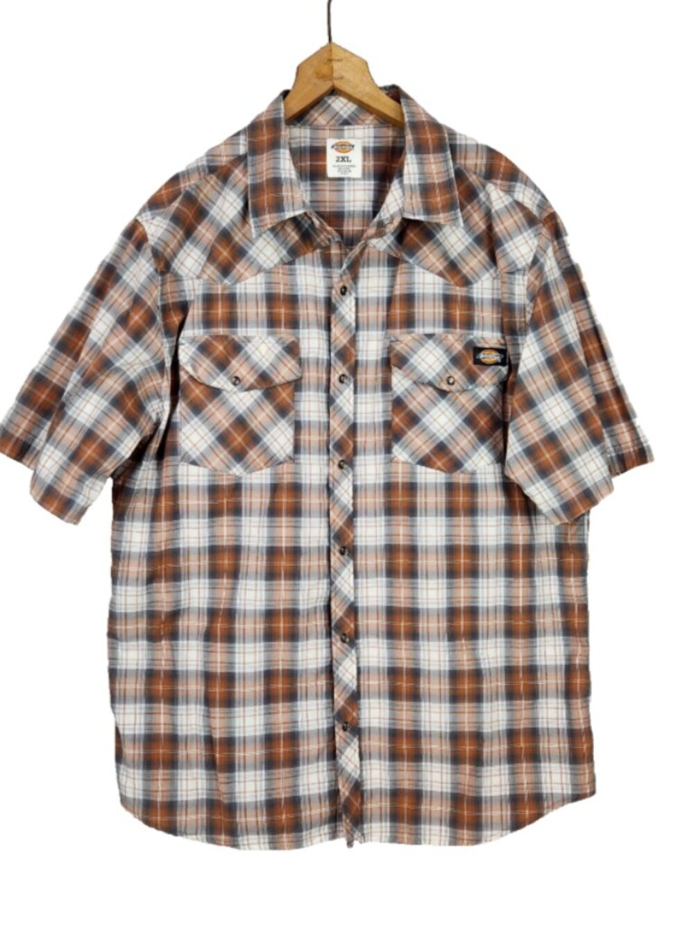 Dickies Pearl Snap Work Shirt Men's 2xl Short Sleeve Brown Plaid Lightweight